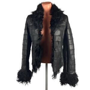 Y2K Shearling Sheepskin Pachwork Fur Leather Jacket S Black